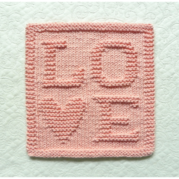 LOVE knit wash cloth pattern, shown in peach